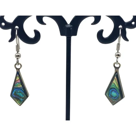 Abalone Shell Drop Earrings Geometric  Silver-Tone Dangle Boho Modern Paua - Picture 2 of 7